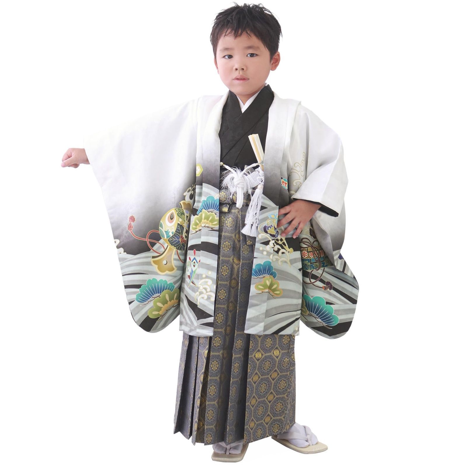 KYOETSU キョウエツ 七五三 5歳 男の子 着物 セット 羽織 袴 フルセット 753 絵羽 A 12 鷹宝船-白＋藍鼠