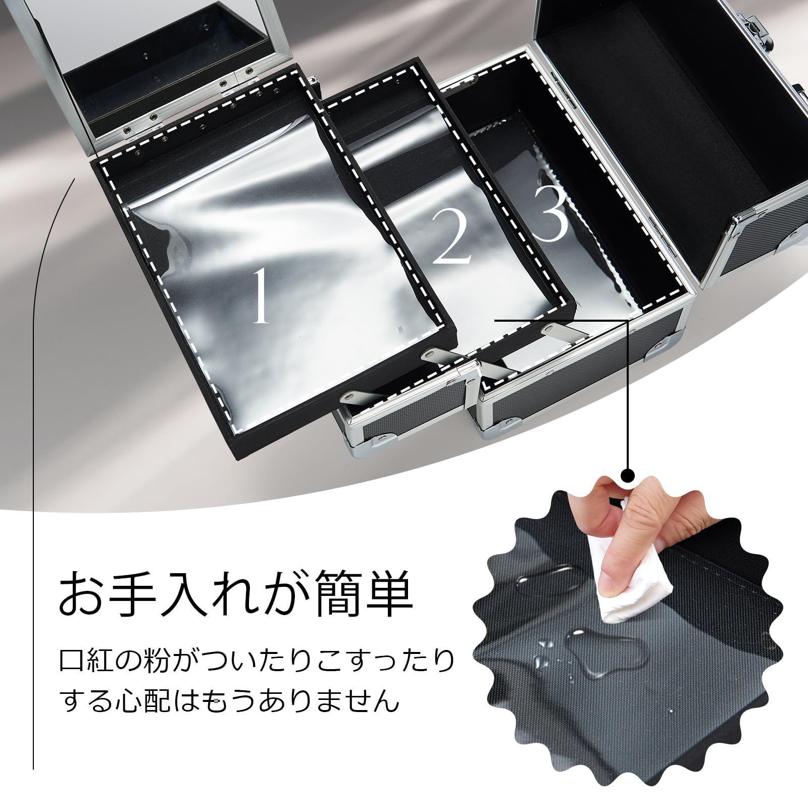 【人気商品】ネイルグッズ 化粧箱 化粧品入れ コスメ道具入れ ネイル収納 コスメボックス 鍵付き 2段トレイ ブラック 鏡付き 母の日のプレゼント メイクボックス (黒) Hapilife