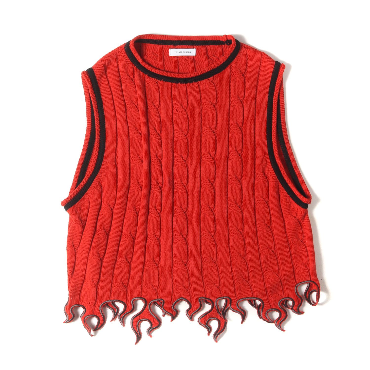 美品 TENDER PERSON テンダーパーソン ベスト サイズ:00 24SS ケーブル編み フレイム ニット ベスト FLAME KNIT VEST レッド トップス セーター【メンズ】