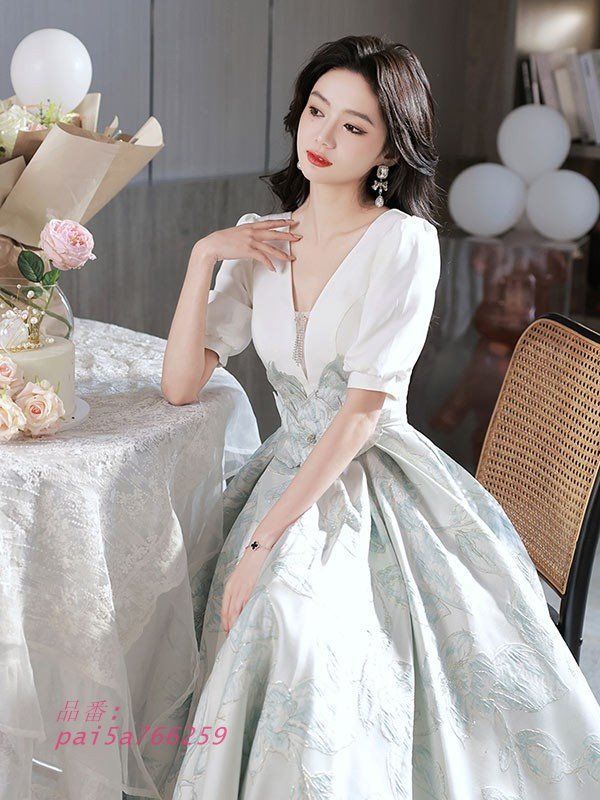 ロングドレス 演奏会 ピアノ 発表会 ツヤ感 花レース フェミニン Vネック ポワン袖 グレードレス 刺繍 袖あり エレガント大きいサイズ pai5a766259