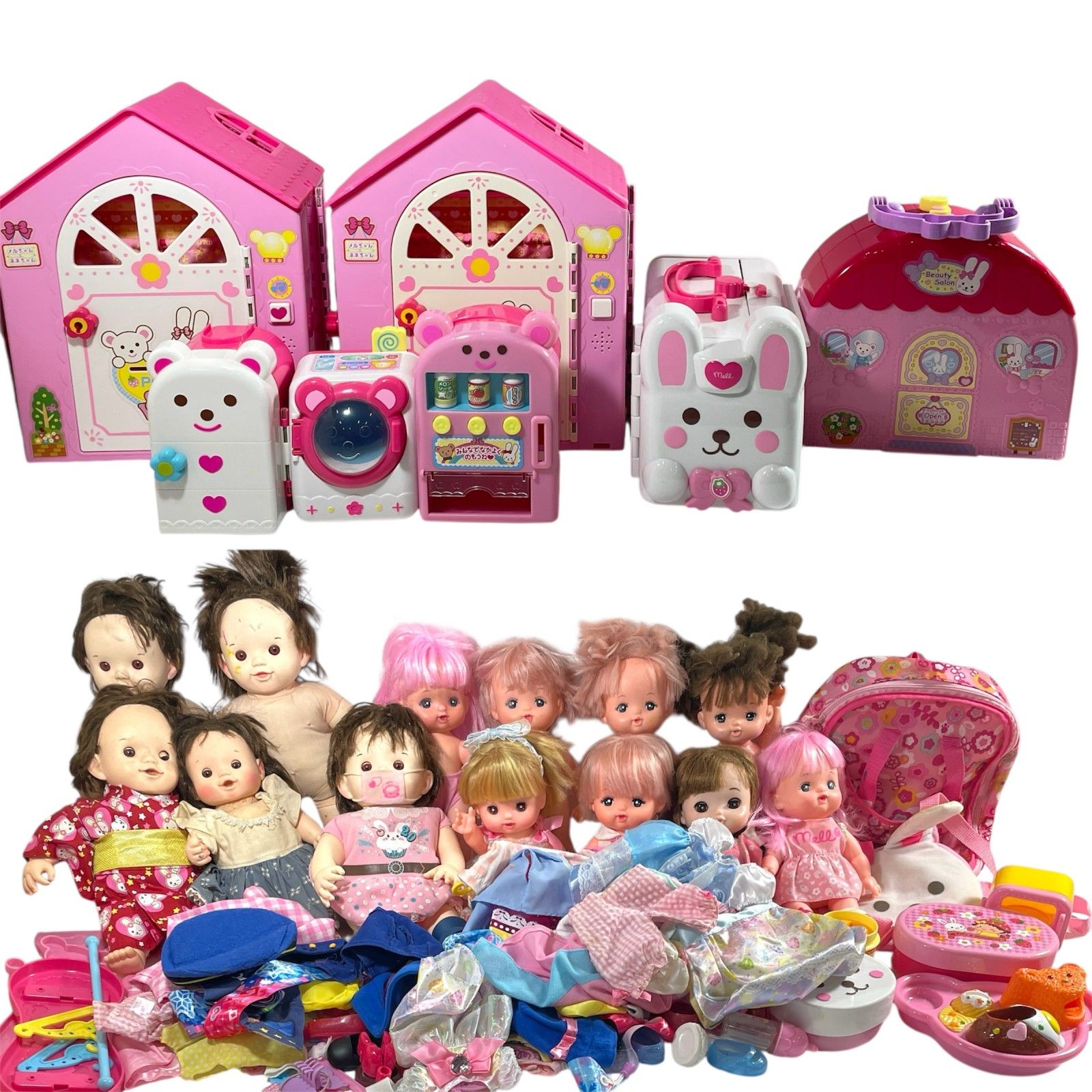 おせわだいすき メルちゃん ぽぽちゃん まとめ商品 人形13体 うさぎさん救急車 家 ビューティーサロン お弁当 洋服 お世話グッズ ジャンク品 11.60kg