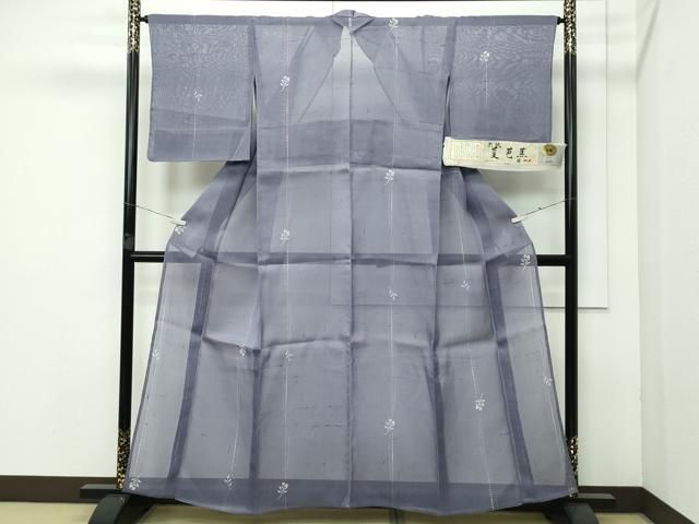 平和屋着物 上 夏物 絹芭蕉 夏芭蕉 伝統工芸士 白川貞夫 草花文 紫鼠色地 十日町白新染織謹製 証紙付き CZAA3639s5