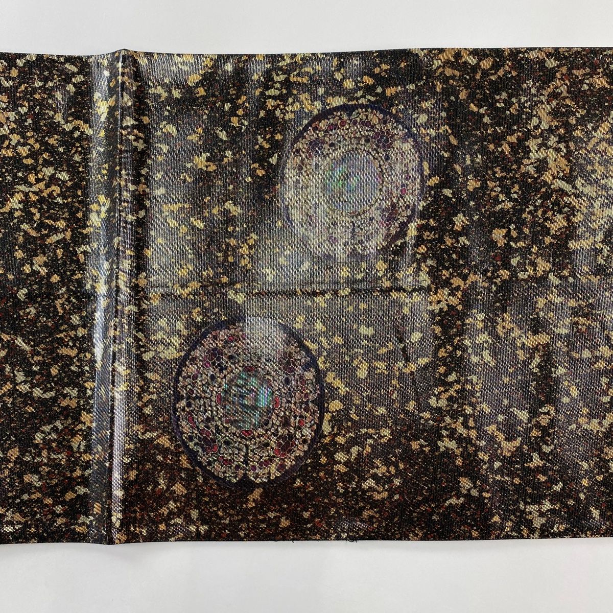 【美品】 袋帯 名品 華文 花鳥 箔 螺鈿 黒 お太鼓柄 正絹 【】