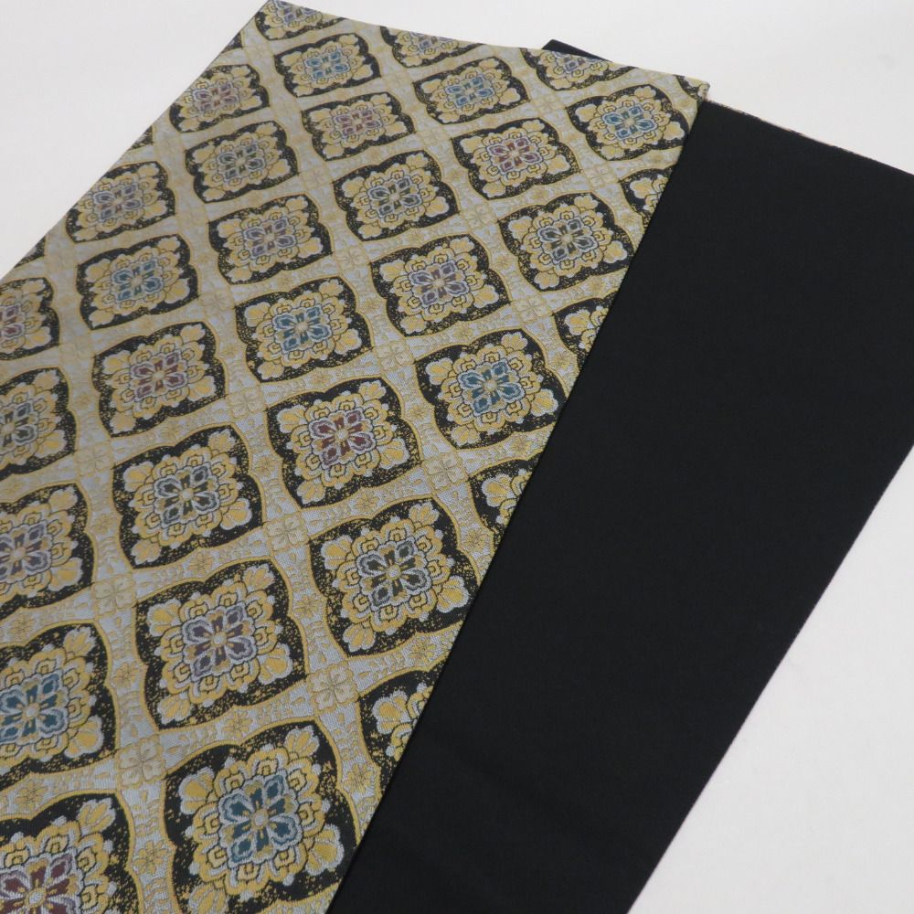 袋帯 織り柄 花菱格子文様 黒色 黄色 六通柄 正絹 セミフォーマル 仕立て上がり 着物帯 長さ440cm 【キモノオフ野々市若松店】 袋帯 織り柄 花菱格子文様 黒色 黄色 六通柄 正絹 セミフォーマル