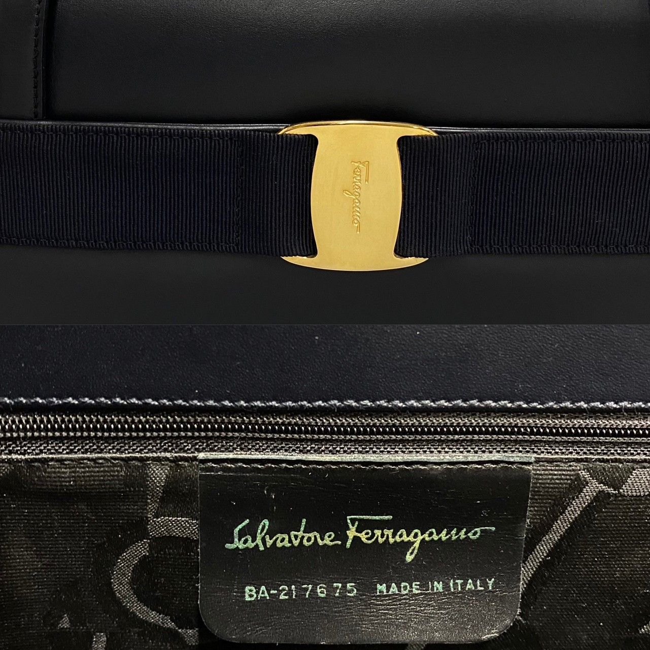 極 美品 Salvatore Ferragamo フェラガモ ヴァラリボン 金具 カーフレザー 本革 ハンドバッグ ミニ トートバッグ ネイビー 20472
