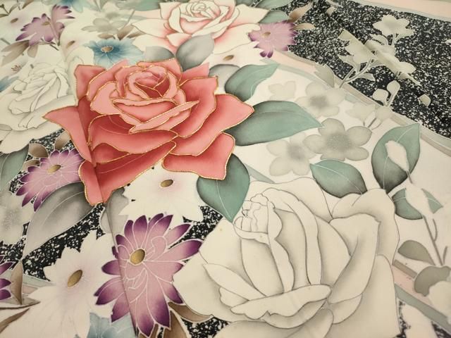 振袖 刺繍 紋意匠 薔薇 かすみ草 洋花 身丈175cm 撥水加工 トールサイズ 振袖 刺繍 紋意匠 薔薇 かすみ草 洋花 身丈175cm 撥水加工