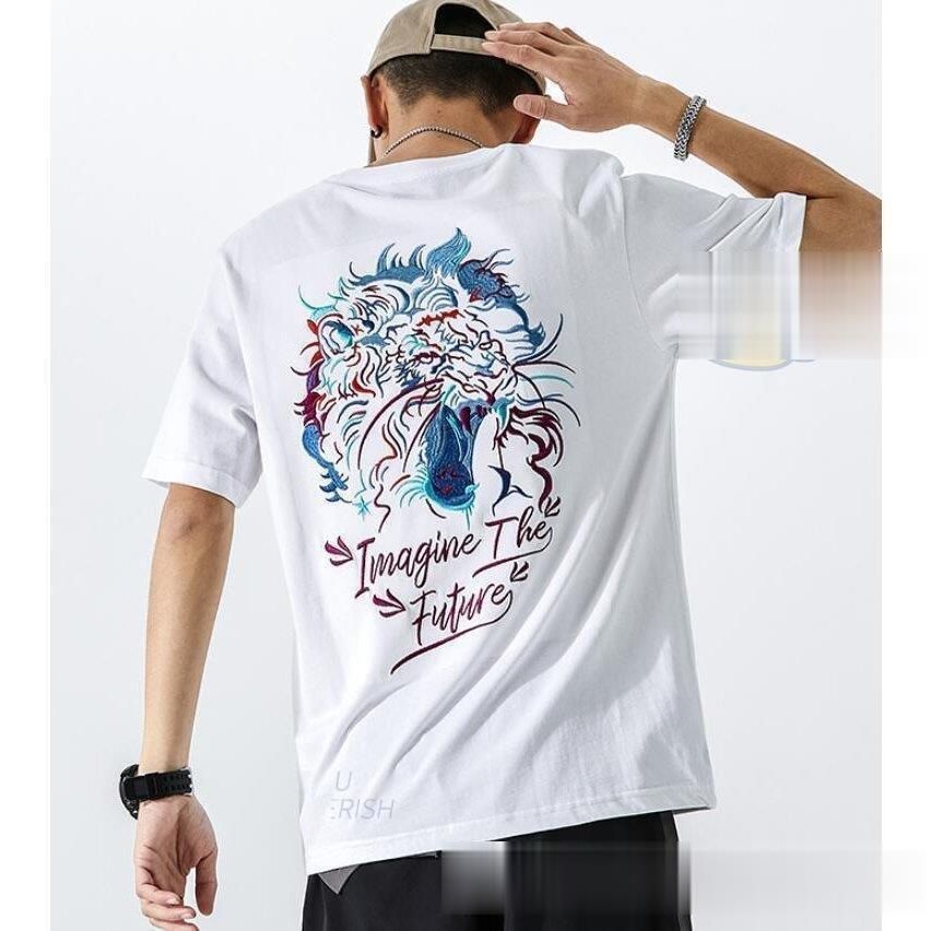 Tシャツ メンズ tシャツ和風 カジュアル 刺繍トップス半袖 ティシャツ T-shirt 虎柄 スウェット 上着 お洒落 カッコイイ和柄 コットン中華