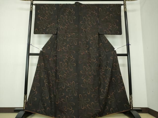 平和屋着物○小千谷紬 泥 舞花文 反端付き 正絹 逸品 DAAV6717ps