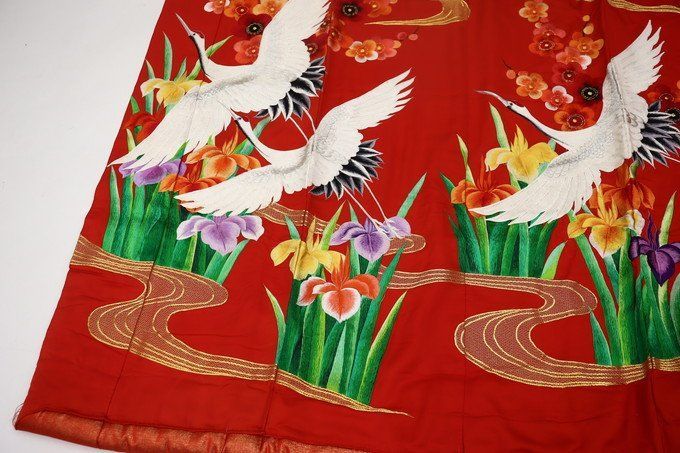 色打掛 金銀 黄金の鶴 金銀の松 used a1091 色打掛 朱