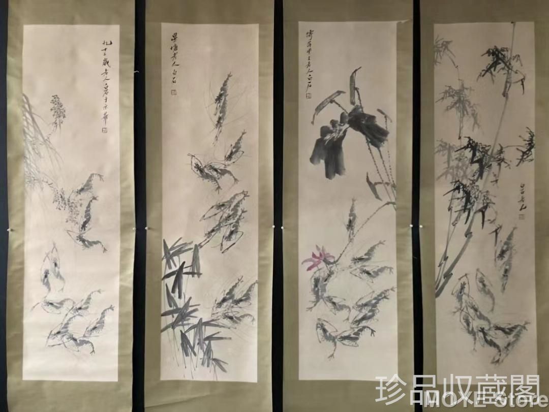 中国美術 純手描き四連六尺えび画