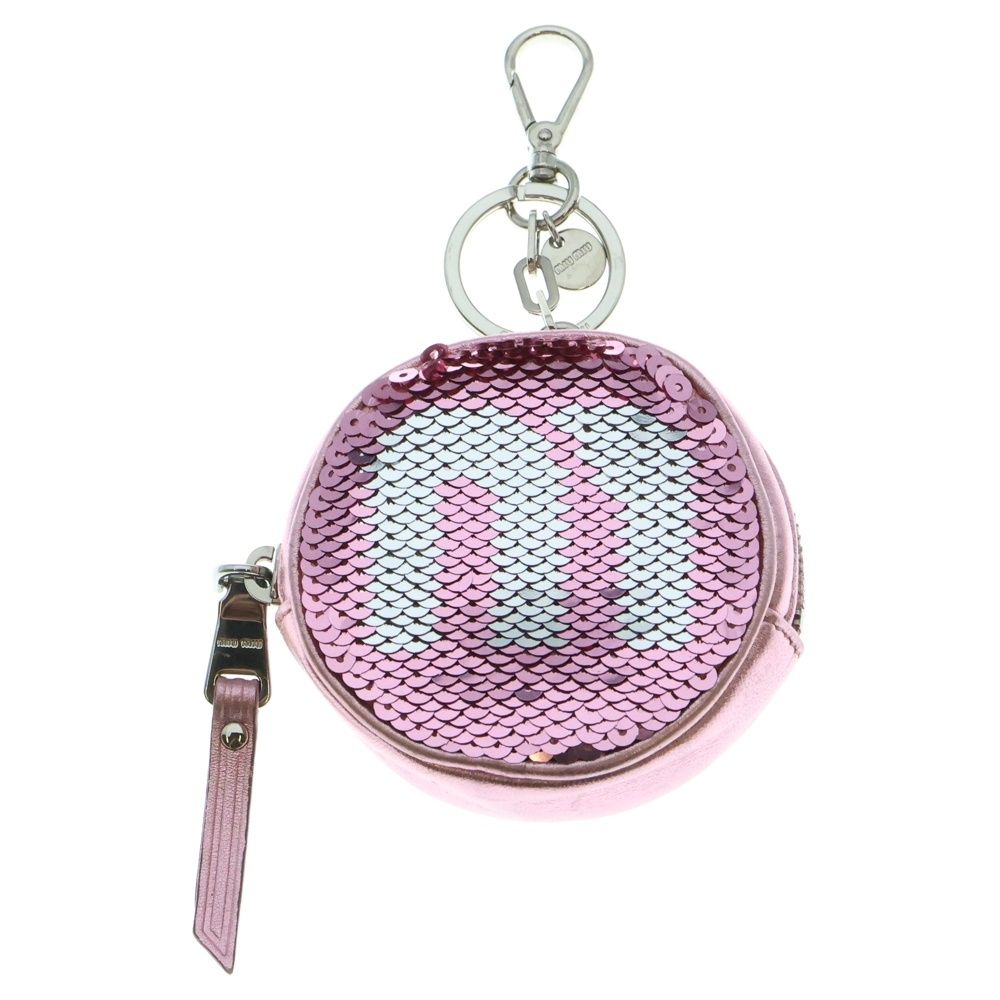 miumiu ミュウミュウ スパンコール パイエット ロゴ キーホルダー ポーチ バッグチャーム ケース ピンク×シルバー