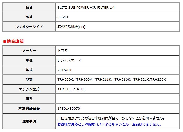 BLITZ ブリッツ サスパワー エアフィルター LM 純正交換タイプ レジアスエース TRH200K TRH200V TRH211K TRH216K 2015 01- 59640