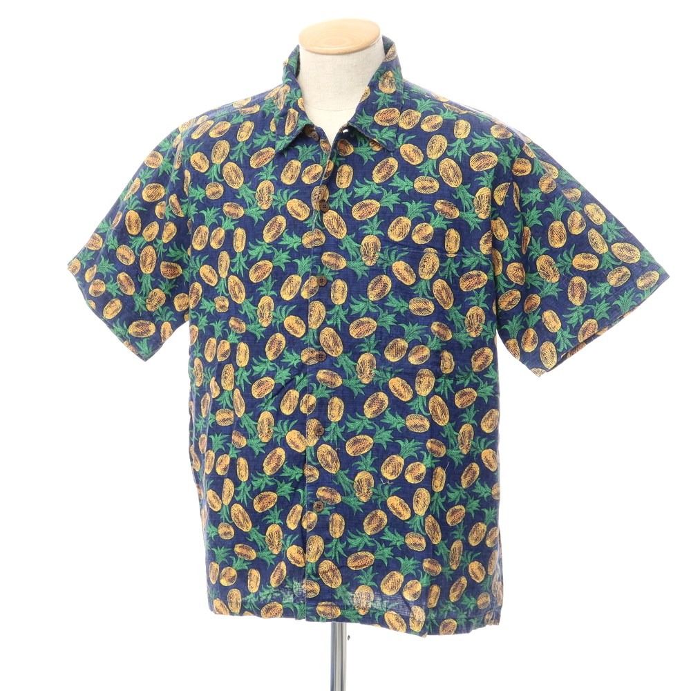 【中古】パタゴニア patagonia コットン パイナップル柄 半袖シャツ ネイビーxイエローxグリーン【サイズS】 中古】パタゴニア patagonia コットン パイナップル柄 半袖