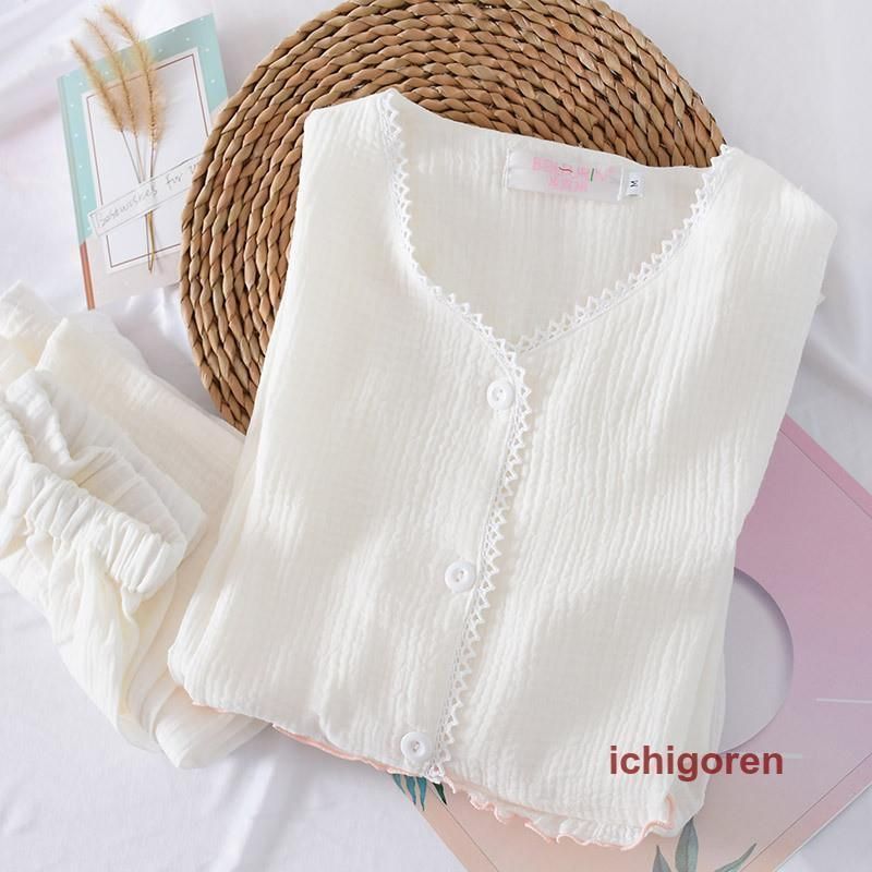 パジャマ ルームウェア レディース ダブルガーゼ 長袖 前開き シャツ ロングパンツ 上下セット 通気 吸汗 春夏秋 部屋着 寝巻き 入院 マタニティ