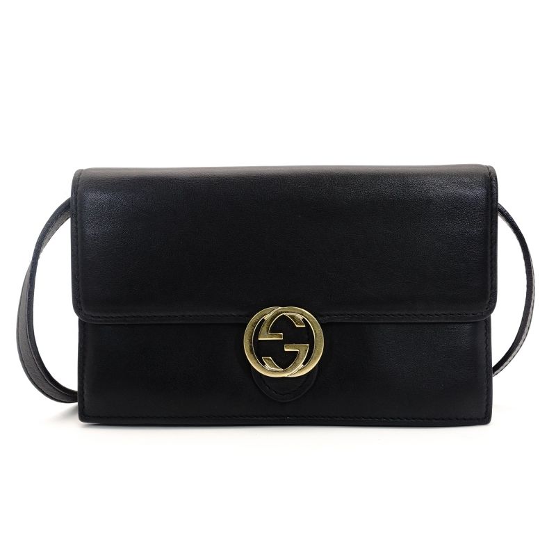 グッチ GUCCI インターロッキング ブラック レザー GGロゴ ゴールド金具 黒 クロスボディ 7-9-028