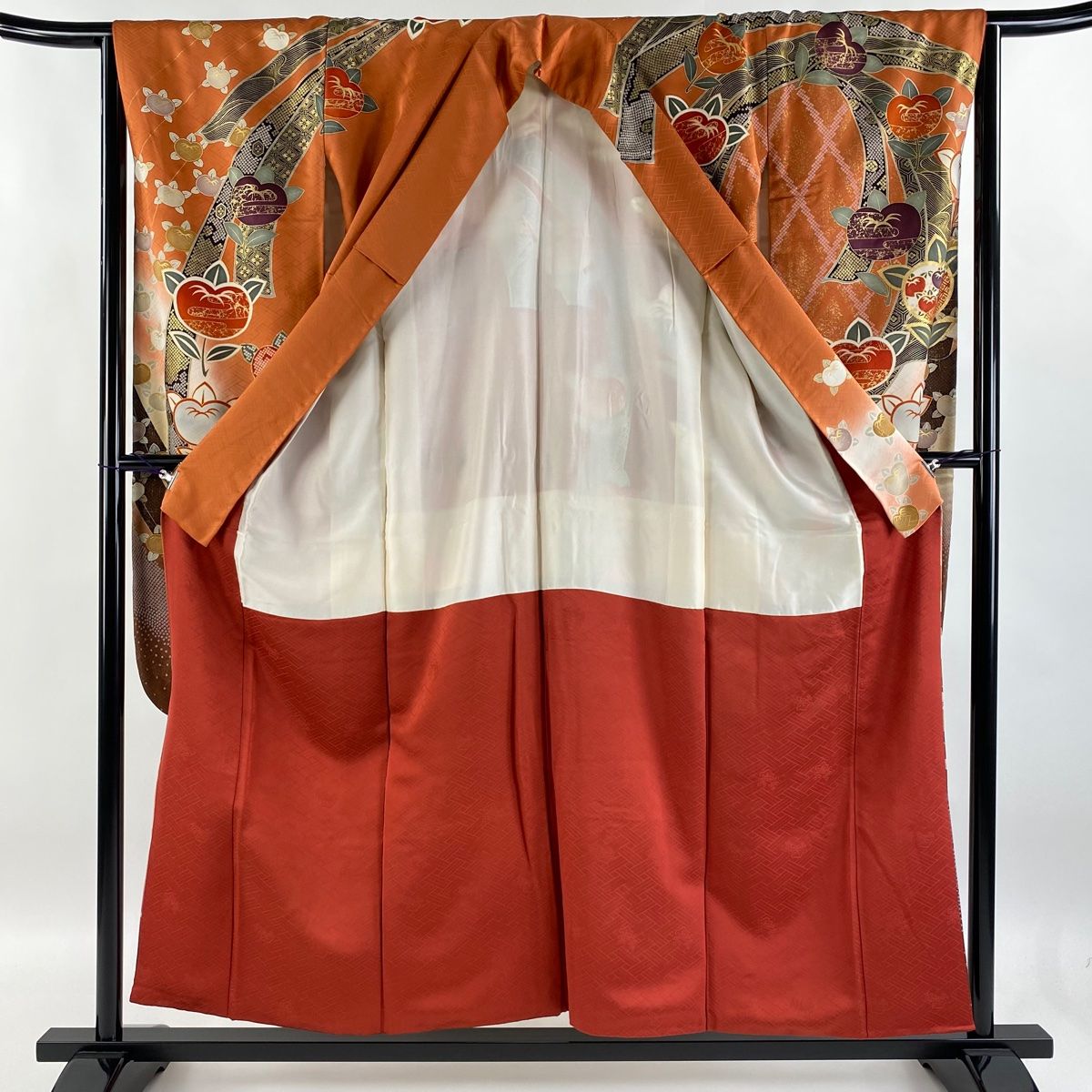 振袖 身丈156cm 裄丈64cm M 袷 橘 熨斗 金糸 金彩 赤茶 正絹 秀品