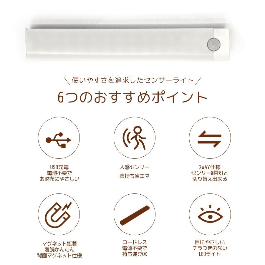 LED人感センサーライト 2個セット 充電式 USB クローゼット 玄関 夜間