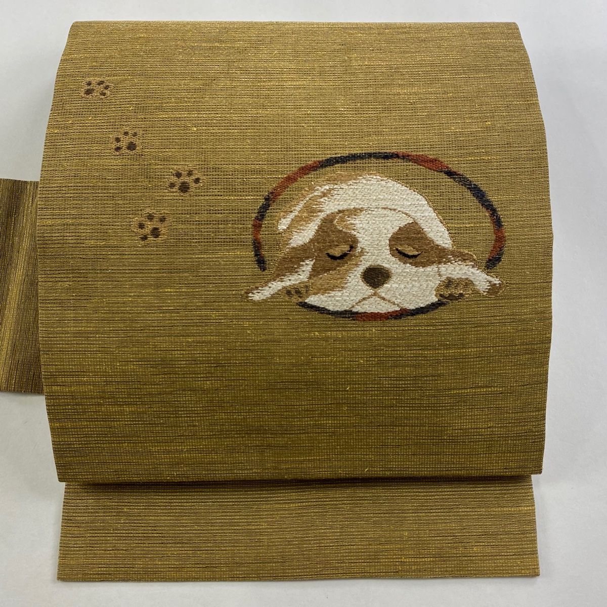 名古屋帯 犬 金糸 刺繍 薄黄土色 正絹