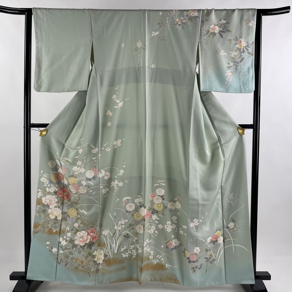 訪問着 身丈160cm 裄丈64cm M 袷 菊 枝梅 金彩 薄緑 正絹 秀品-