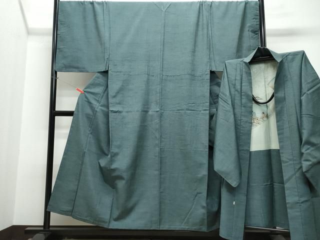 平和屋着物○男性 紬 アンサンブル 霞文 鉄御納戸色 正絹 逸品 未使用