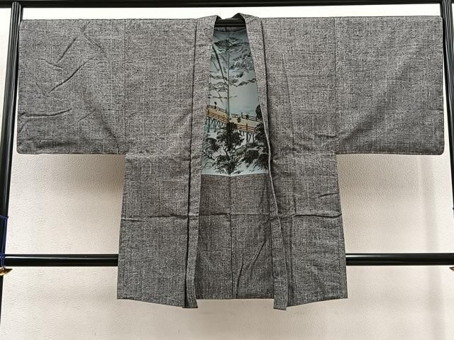 平和屋着物＃男性 長羽織 紬地 霞文 黒地 正絹 逸品 CAAV5846id 