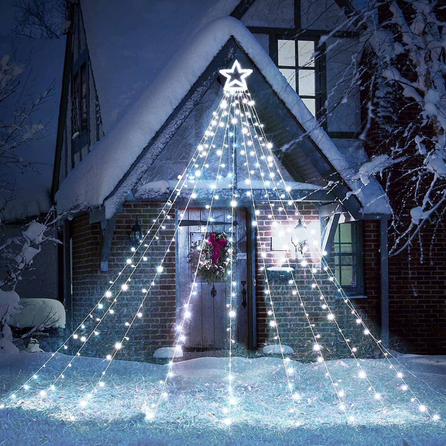 コールド IFEND クリスマス イルミネーション 屋外 ソーラー ライト led 防水 9本 350球 ドレープライト 店舗 家庭 星モチーフ リモコン付 タイマー機能 飾り 星モチーフ ツリー 自動点灯 消灯 パ