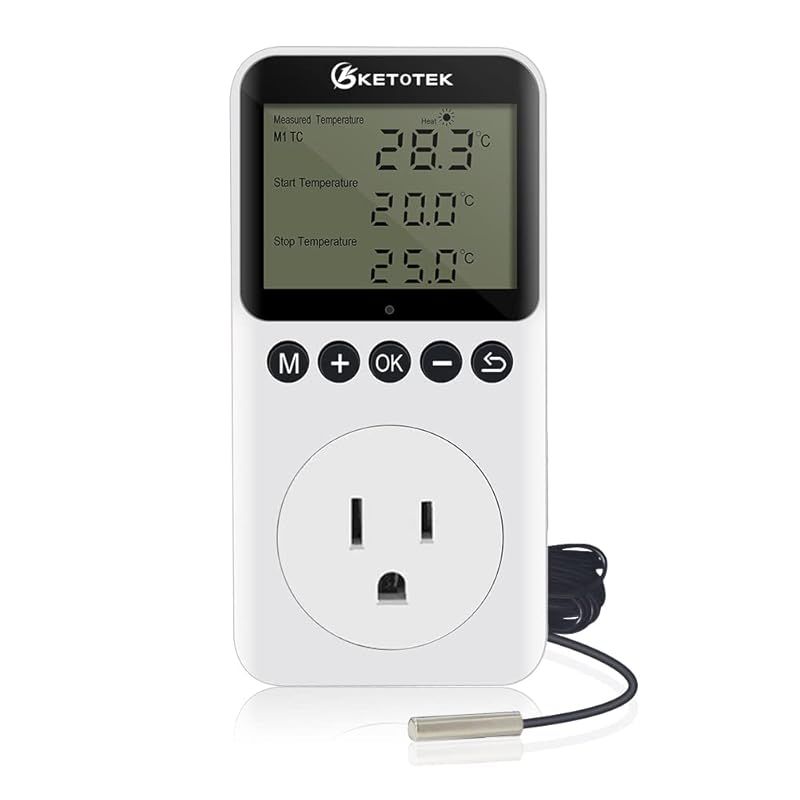 KETOTEK KT3200 昼夜温度コントローラー プラグ デジタル サーモスタット 360視野角 LCD 暖房 冷却 温度コントローラー 爬虫類 醸造 温室 ブローダー用 プローブ付き