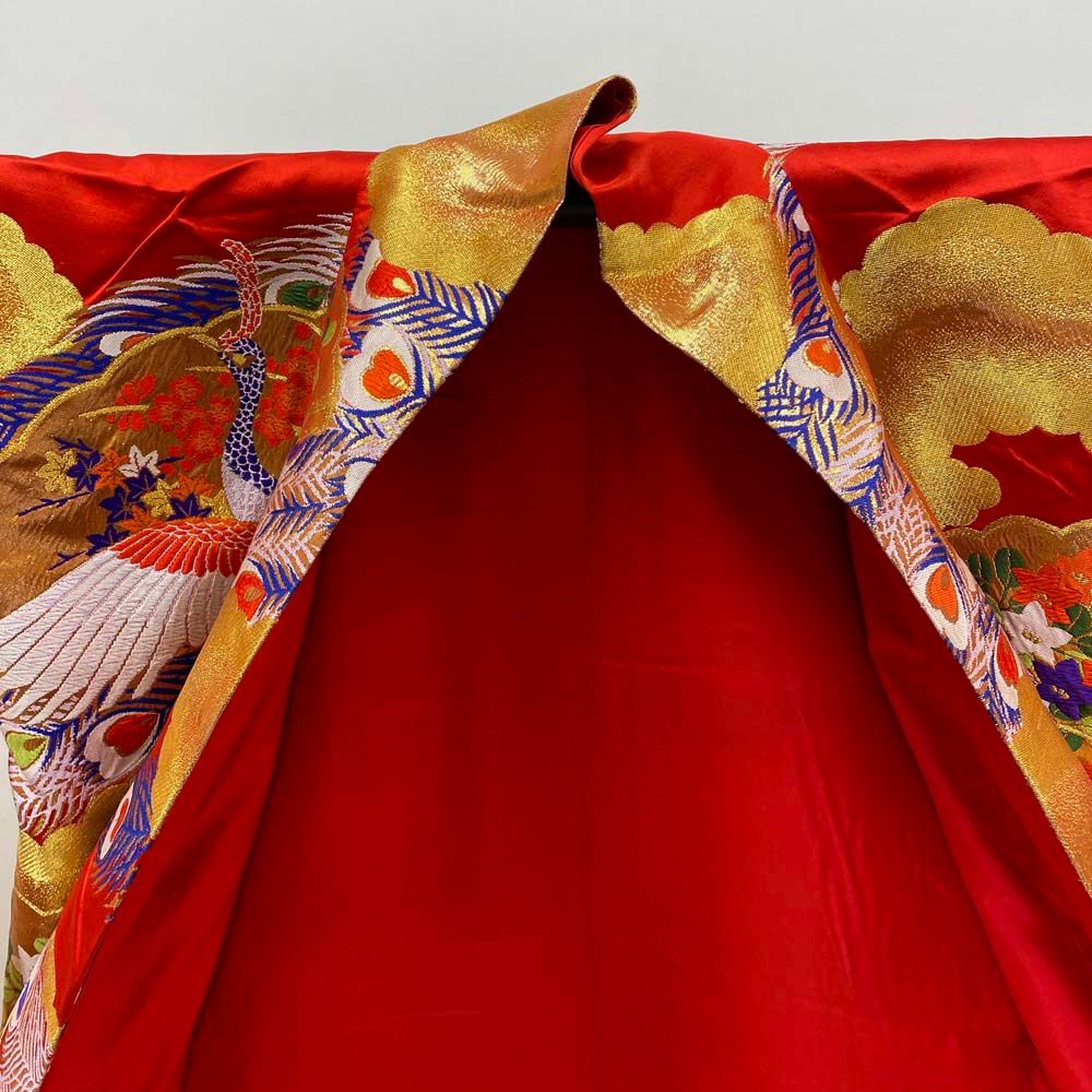 色打掛 正絹 鶴 刺繍 金 赤 打掛 Mサイズ 裄66 花嫁衣裳 婚礼