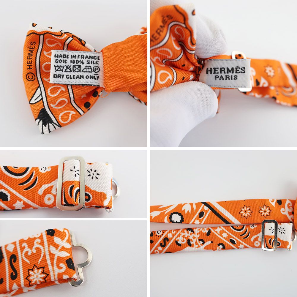 天白】【HERMES】エルメス 蝶ネクタイ オレンジ系×ホワイト系