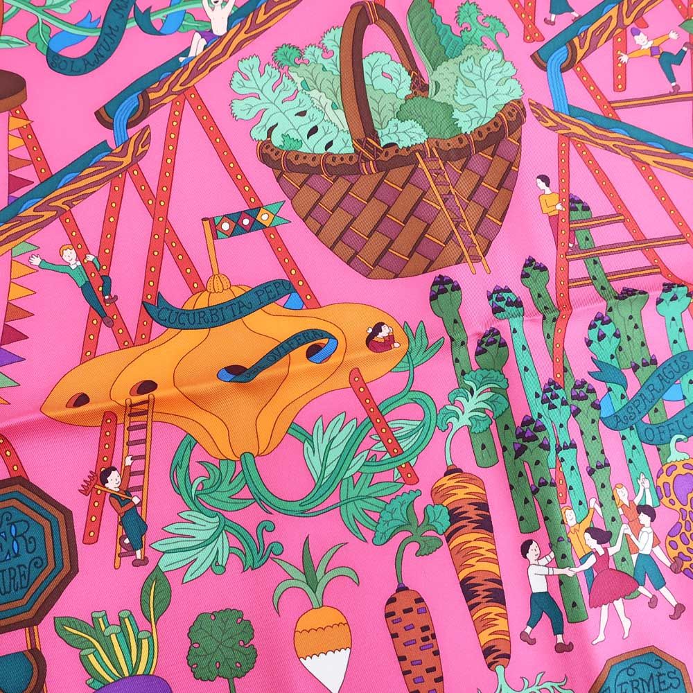 エルメス スカーフ 90 不思議な菜園ピンク シルク Hermes