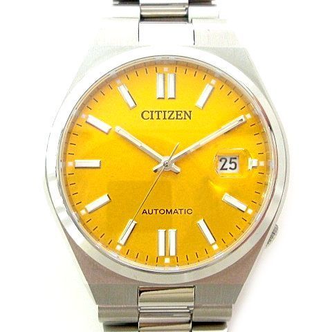 シチズン CITIZEN 美品 TSUYOSA 腕時計 オートマチック 自動巻 8210-S126967 カレンダー 裏スケルトン イエロー文字盤 U90 A1211