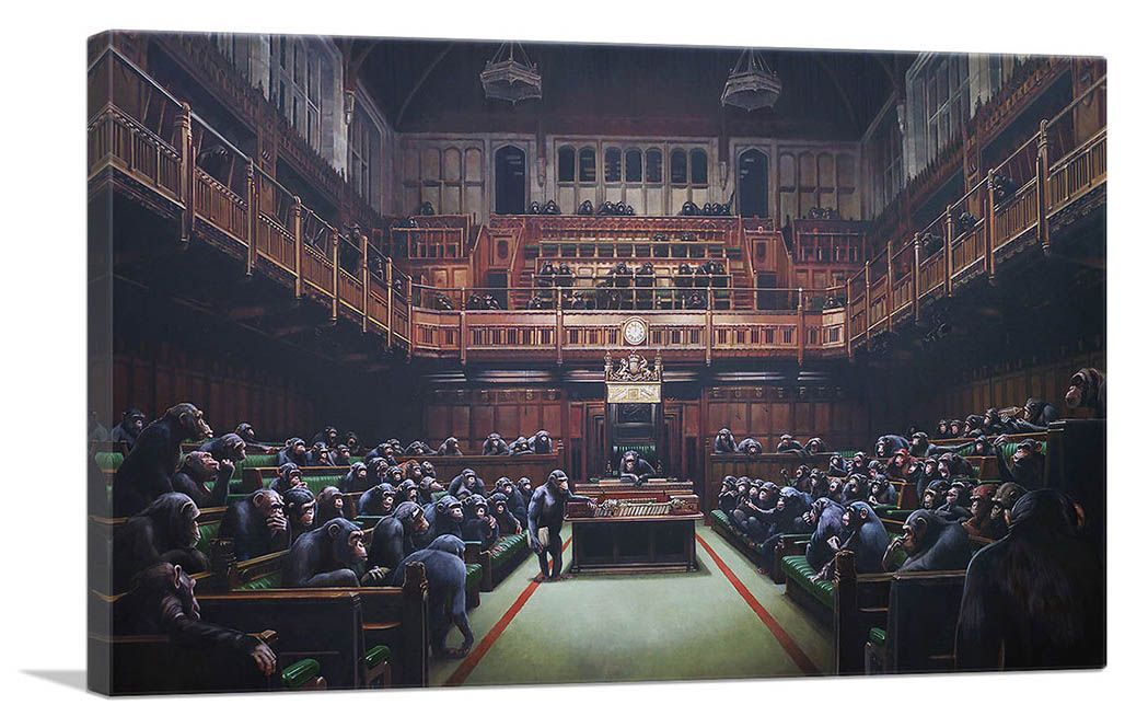 バンクシー アートパネル Mサイズ BANKSY Banksy「モンキー パーラメント/Monkey Parliament」キャンバスジークレ 発送目安15～20営業日