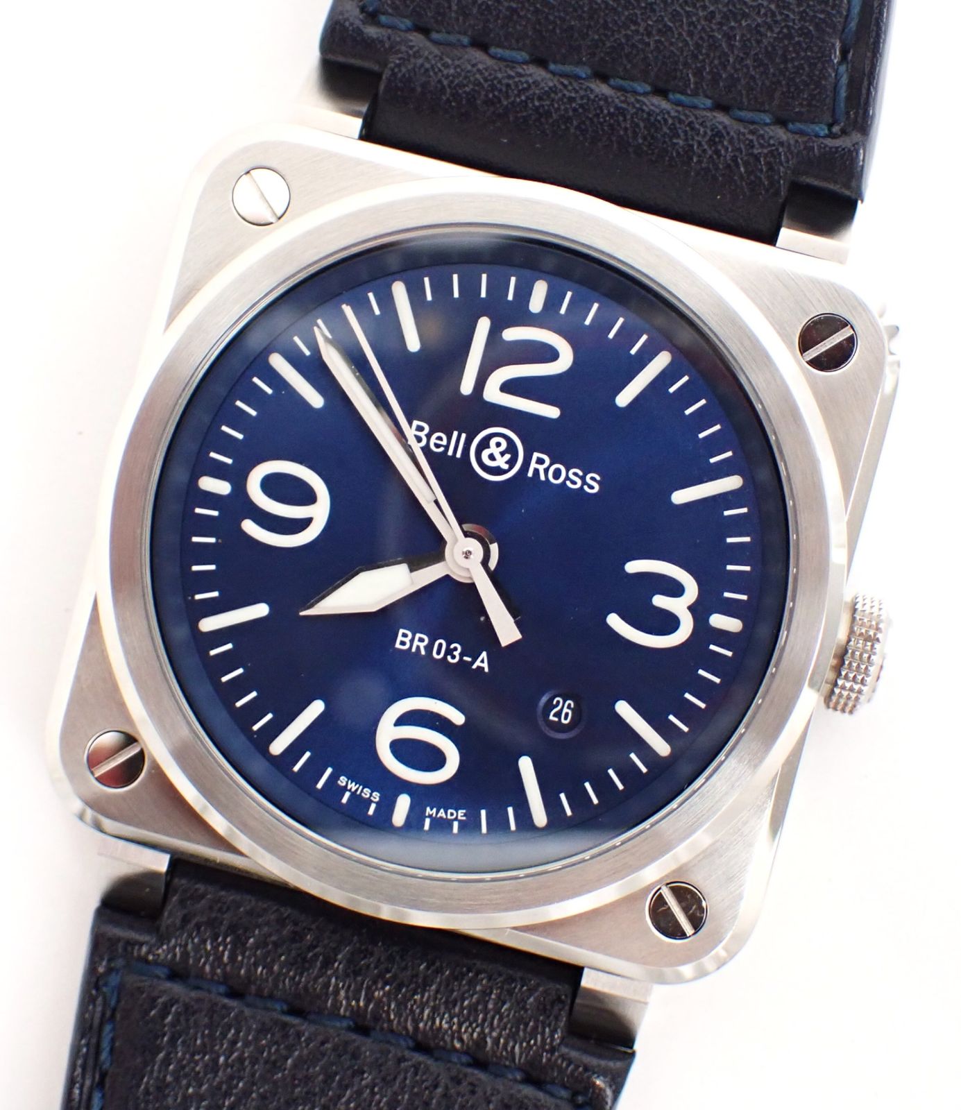 Bell-Ross ベル-ロス ブルースティール BR03A-BLU-ST|SCA SS|革 AT 自動巻き ネイビー 四角ケース レザーベルト メンズ