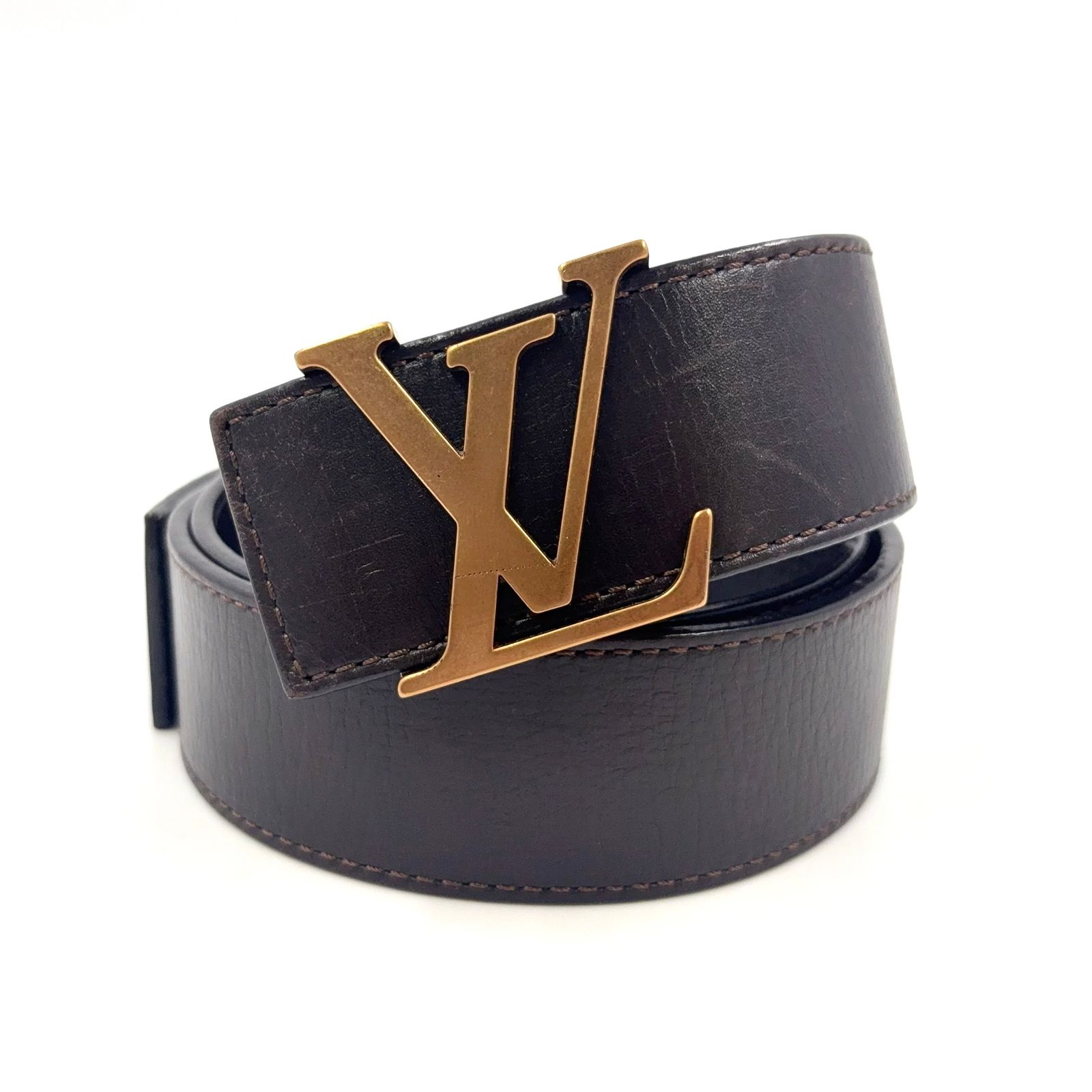 【美品】ルイヴィトン サンチュール イニシャル ダークブラウン LVロゴ　レザー LOUIS VUITTON サンチュール LV イニシャル 85/34 レザー×メタル