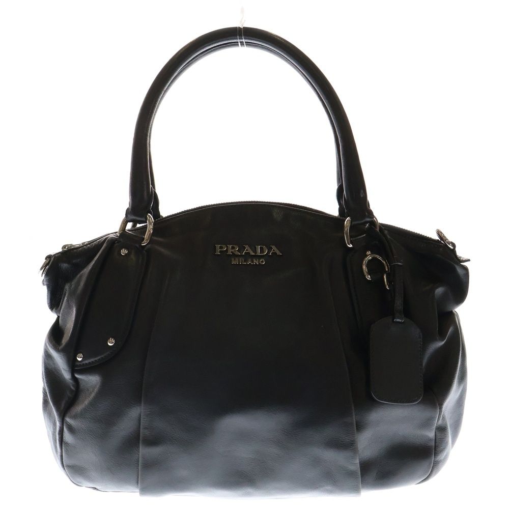 PRADA スタッズ装飾 ブラックハンドバッグ PRADA (プラダ) ロゴプレート ミラー付き スタッズ レザー