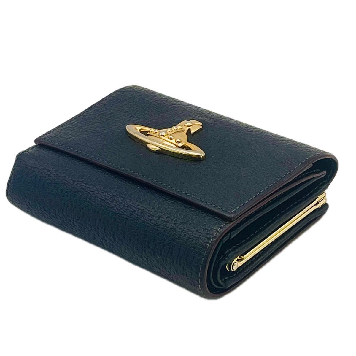 ヴィヴィアンウエストウッド 三つ折り財布 がま口 黒 オーブロゴ Vivienne Westwood 三つ折り財布 がま口 オーブロゴ レザー ブラック