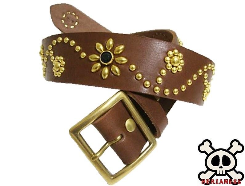 栃木レザー フラワー型スタッズベルト 真鍮|ブラス チョコ ブラックスポッツ 真鍮製スクエアバックル ４０ｍｍ幅 一枚革