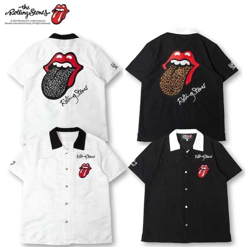 メンズ THE ROLLING STONES ローリングストーンズ JACKROSE ジャックローズ コラボ 半袖 シャツ ボーリングシャツ 開襟 オープン LIPS＆TAN 刺繍 ヒョウ柄 レオパード ユニセックス 白 ホワイト 黒 ブラック