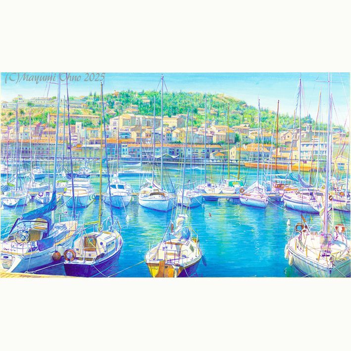 南フランス プロヴァンス ヨット 青 地中海 ヨーロッパ 海 風景画 水彩画 額装 絵画 南フランス 南仏 コートダジュール フランス