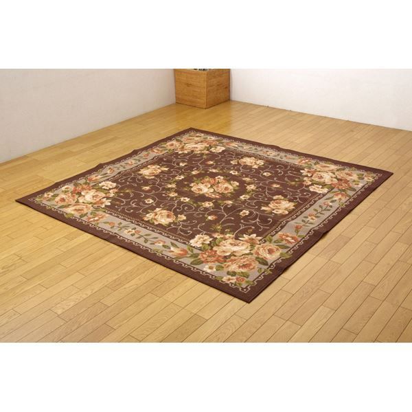 簡易 ラグマット/絨毯 〔花柄 ブラウン 江戸間8畳 約352×352cm