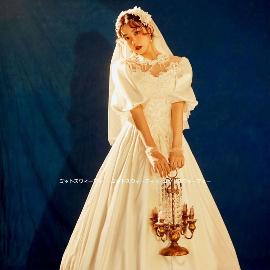 ウエディングドレス レトロドレス 花嫁 レース サテン 白 昭和風 前撮り フォトウェディング 結婚式 リゾート婚 ブライダル お誕生日 Aライ