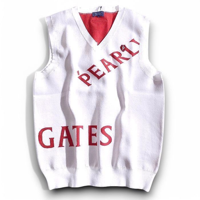 PEARLY GATES パーリーゲイツ ゴルフ 吸汗速乾 ローカルポリ メゾンロゴ柄 Vネック ニット ベスト ゴルフウェア セーター 053-2173307 定価2.5万 ホワイト レッド ▲028 50219w05