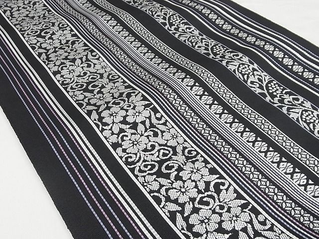 平和屋-こころ店■極上　両面丸帯　組織　間道　金糸　正絹　逸品　未使用　KAAA10635kk4 平和屋-こころ店□極上 本場筑前博多織 八寸名古屋帯 花唐草間道 黒地