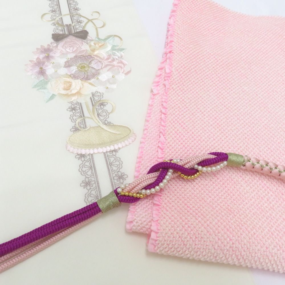 刺繍半衿 帯締め 絞り帯揚げ 3点セット ピンク系 花×リボン×レース シルエリー 新合繊 ポリエステル 半襟 振袖 礼装 成人式 卒業式