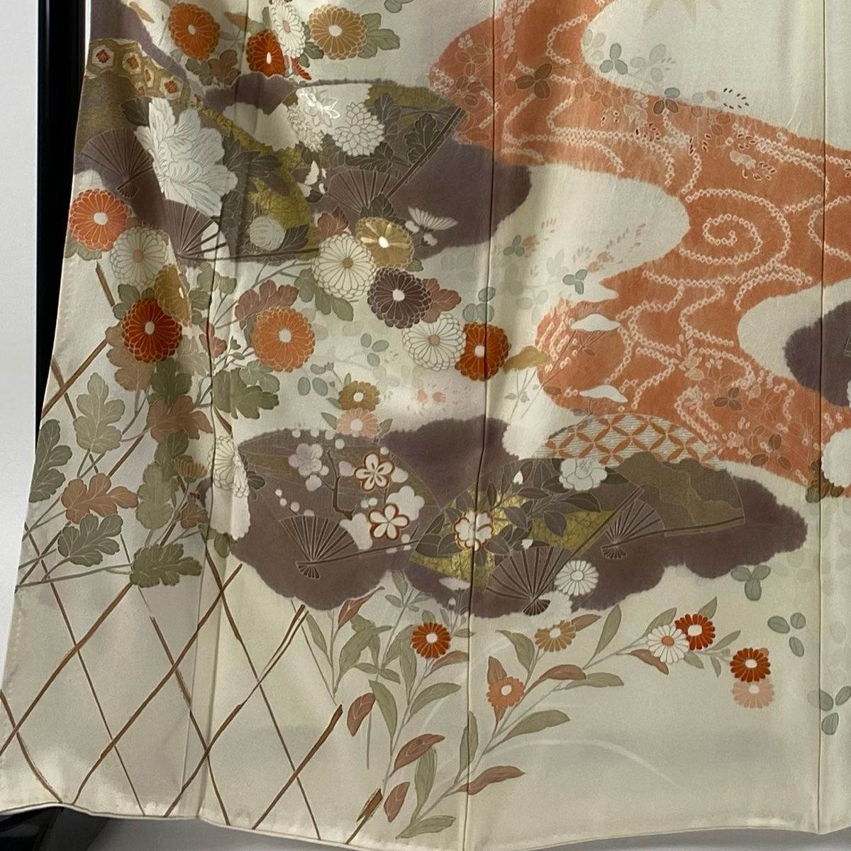 訪問着 身丈165.5cm 裄丈68cm L 袷 扇 菊 刺繍 金彩 クリーム 正絹 秀品