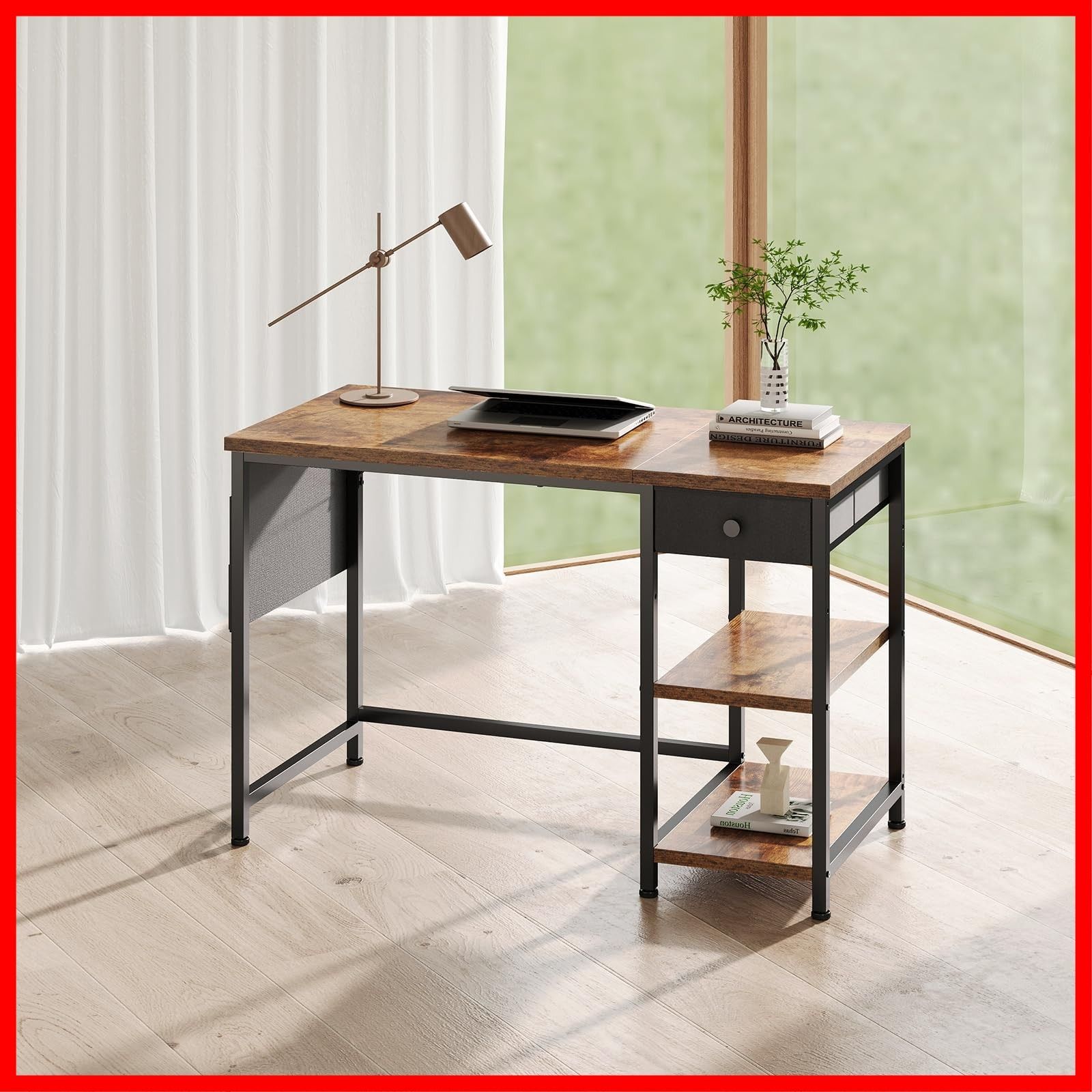 学習机 左右入替可 勉強机 収納袋付き 収納ラック オフィス テレワーク ワーク ラック付き つくえ 在宅勤務 布製引き出し付き 幅100cm パソコンデスク pcデスク ビンテージ 机 デスク YeTom