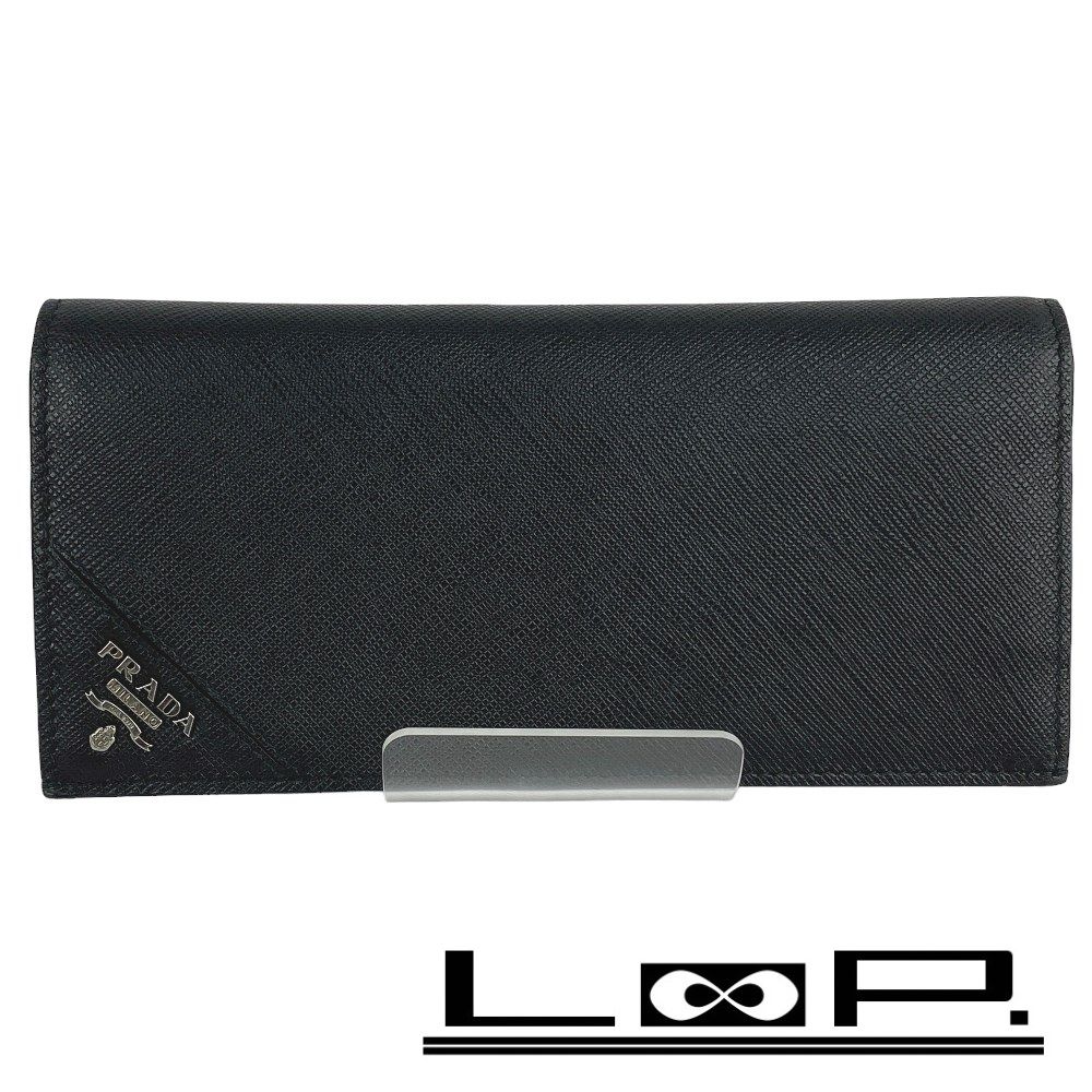 □新同□ プラダ 2つ折り 長財布 サフィアーノ レザー ネロ ブラック  