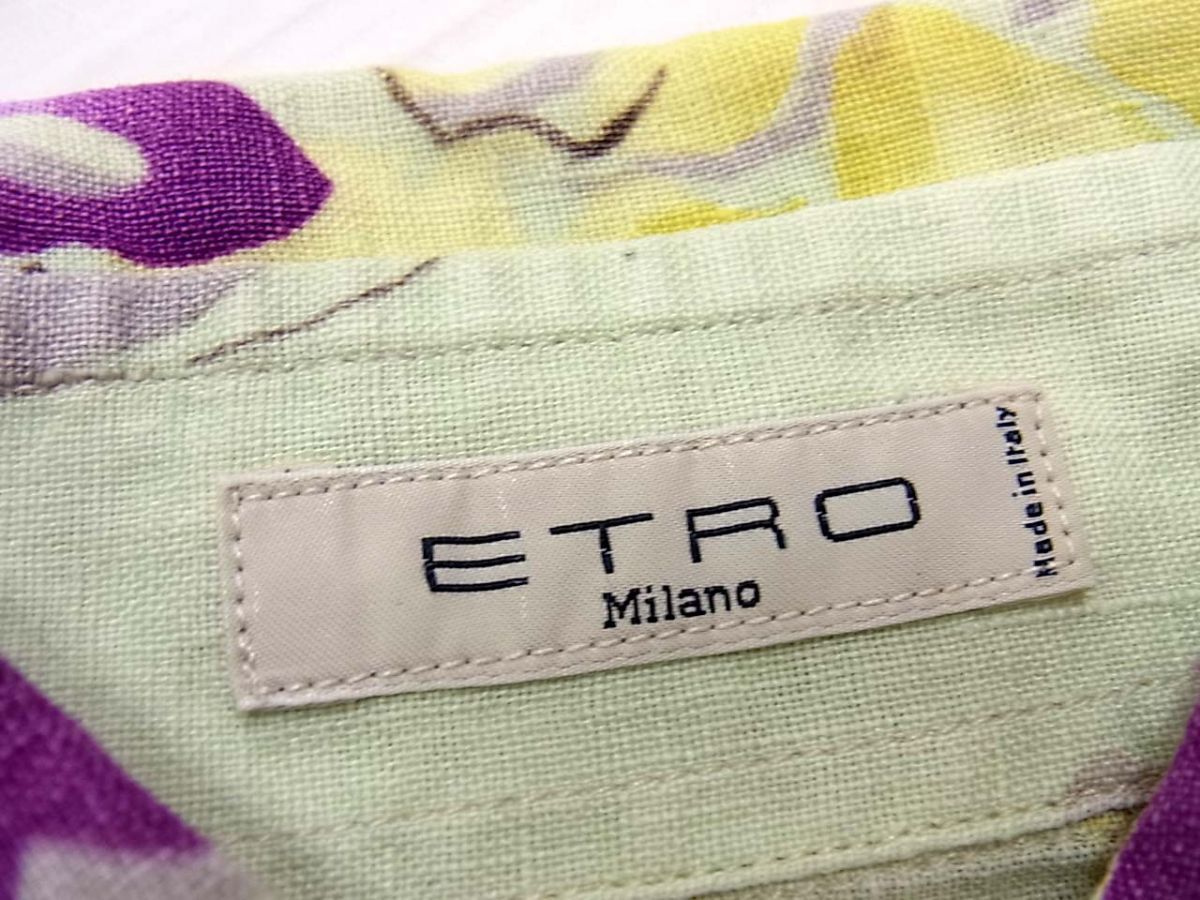 ◇ETRO リネン(麻)100％ 長袖 シャツ ブラウス マルチ花柄 ロゴボタン  