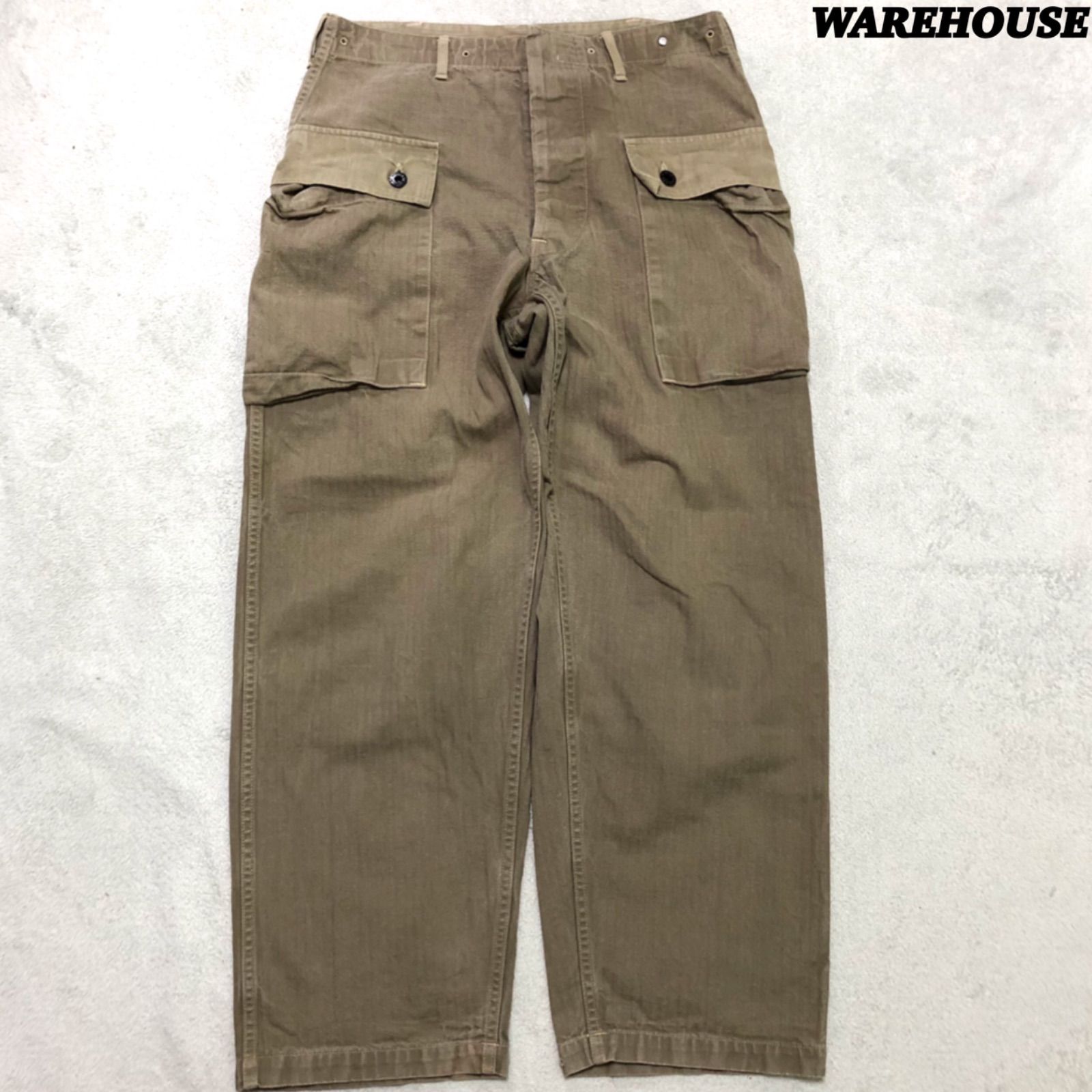 WAREHOUSE M-44 USMC HERRINGBONE MONKEY PANTS ミリタリーカーゴパンツ モンキーパンツ ヘリンボーン ボタンフライ W32 緑系 カーキグリーン オリーブ ウエアハウス