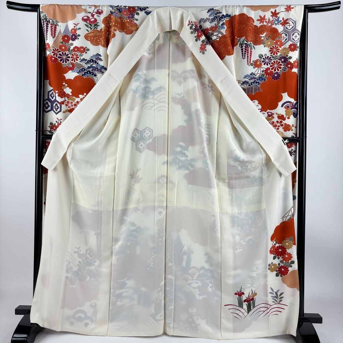 振袖 花柄刺繍 クリーム色 絹　セット 振袖 身丈167cm 裄丈65.5cm M 袷 草花 雲文 刺繍 金彩 クリーム